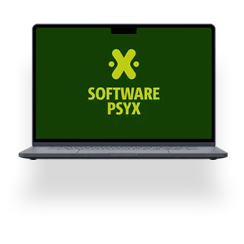 Laptop mit Icon und Schriftzug Software psyx