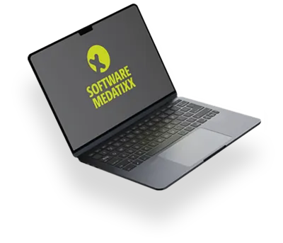Laptop mit Icon und Schriftzug Software medatixx