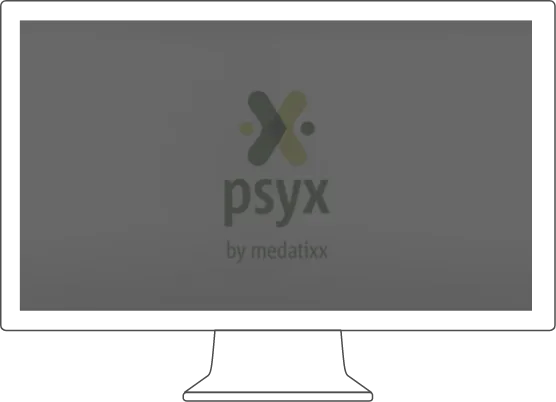 Highlightclip zur Praxissoftware psyx starten Monitor mit grauen Bildschirm und Schriftzug psyx