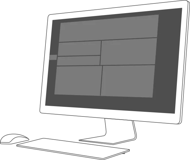 Abbildung eines Monitors mit grauem Bildschirm, Tastatur und Maus davor